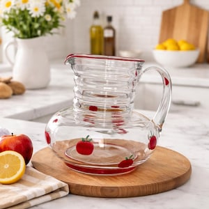 May include: A clear glass pitcher with a red rim and red apple designs. The pitcher sits on a wooden cutting board. A half lemon and a red apple are next to the pitcher. A white pitcher with flowers is in the background.