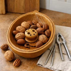 May include: A wooden bowl filled with walnuts, a nutcracker, and a nut pick. The bowl is light brown and has a unique shape. The nutcracker and pick are silver. The walnuts are various sizes and shapes.