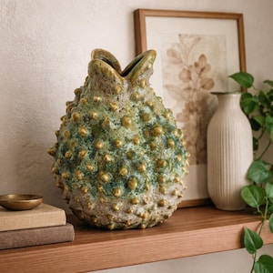 Brutalist Spiked Art Pottery, Green Gold Textured Vessel, Sculptural Studio Pottery Decor