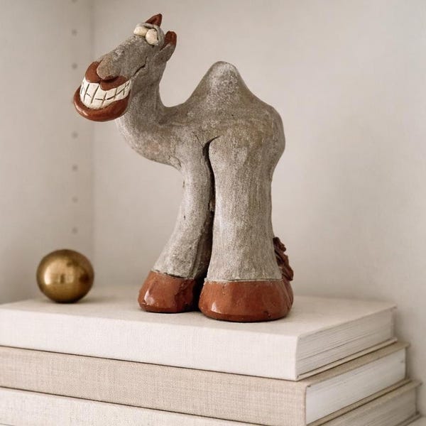 Smiling Camel Figurine | Nooney Signed Pottery Sculpture | Vintage Art Collectible