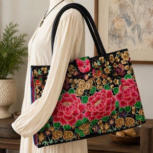 Fuerdeng Embroidered Floral Tote Bag Butterfly Bird Handbag