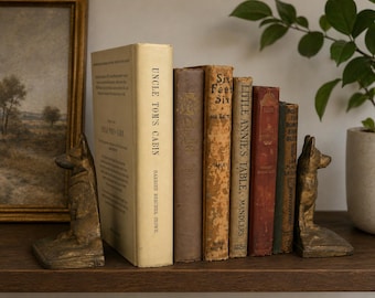 Vintage Cast Iron German Shepherd Bookends: 1940s Brass Finish Library Decor Pair