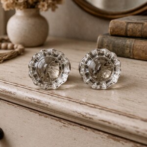 Set of 2 Vintage Fluted Glass Door Knobs, Aged Metal Base Architectural Salvage