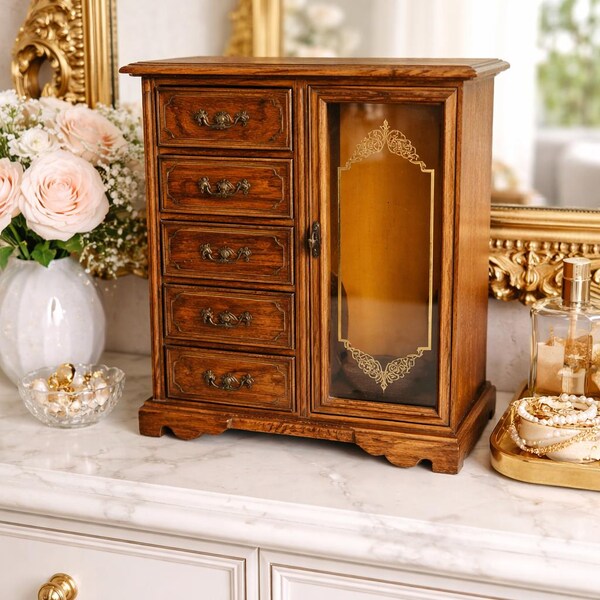 Vintage Linden Japan Oak Jewelry Cabinet with Etched Glass Door & Brass Hardware