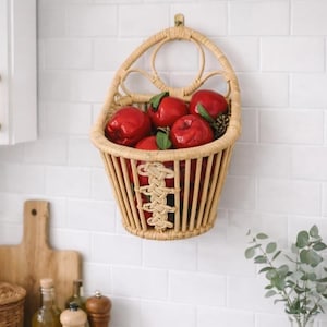 Vintage Wicker Apple Basket Wall Decor with Faux Apples | Hanging Fruit Basket | Cottage Farm