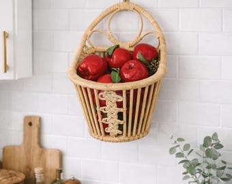 Cesta de mimbre vintage para manzanas, decoración de pared con manzanas artificiales, cesta de fruta colgante, estilo granja.