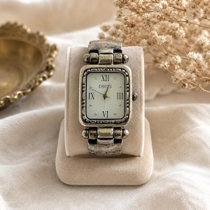 Chico’s Silver Tone Cuff Watch Black Inlay Roman Numeral Face Statement Bracelet Watch Needs Battery