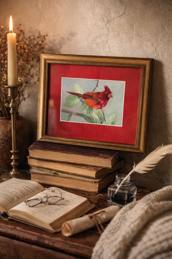 Vintage Cardinal Bird Art Print Framed | Poetcore Wall Art | Romantic Nature Illustration Red Matting