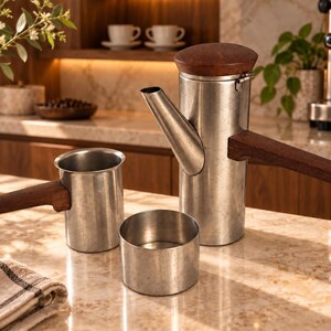 May include: A set of metal coffee brewing equipment consisting of a tall cylindrical pot with a wooden handle and lid, a smaller cylindrical pitcher with a wooden handle, and a separate small metal cup, all featuring a brushed finish.