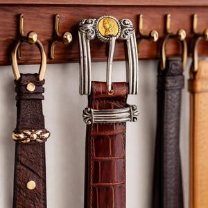 Cinturón vintage de la colección del Museo de Brighton: piel con relieve de cocodrilo y hebilla con medallón de moneda romana. imagen 1