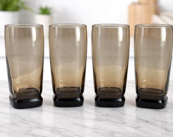 Vintage Libbey Carrington Rocks Glasses, Smoke Brown Square Tumblers, Set of 4