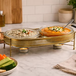 Vintage Fire-King Double Warming Tray | Brass Chafing Dish Server, Neo Deco Decor