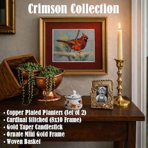 Crimson Collection: Copper Plated Planters, Cardinal Art, Gold Candlestick, Ornate Frame, Woven Basket