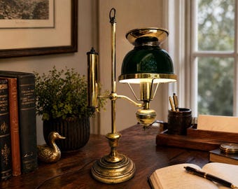 Vintage Brass Banker Desk Lamp, Green Glass Shade, Articulated Industrial Style Lighting