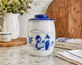 Vintage Dutch Milk Glass Canister: Blue Windmill Scene Kitchen Storage Jar