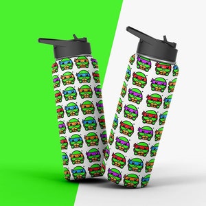 May include: Two stainless steel water bottles with a white background and a repeating pattern of cartoon Teenage Mutant Ninja Turtles. The turtles are green with bandanas in different colors.