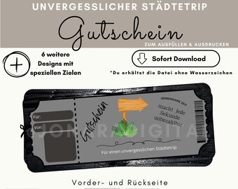 Personalized city trip voucher | PDF download | City trip voucher to print | Gift idea | Road trip voucher