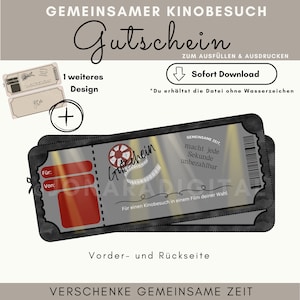 Gutschein Kino Vorlage | 2 in 1 Vorlage | Kino Gutschein Besuch zum Ausdrucken | Geschenkidee | Kino Gutschein