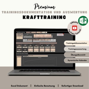 Op de afbeelding: Een laptopscherm dat een spreadsheet met grafieken en diagrammen weergeeft. De spreadsheet heeft de titel "Trainingsdocumentatie en -evaluatie" en "Kracht training". De spreadsheet bevat secties voor "Trainingsevaluatie", "Evaluatie van mijn oefeningen", "Oefenoverzicht" en "Dynamische kalender". De laptop staat op een witte achtergrond met de tekst "Premium", "Excel-document", "Eenvoudig gebruik" en "Direct downloaden" onder de laptop.