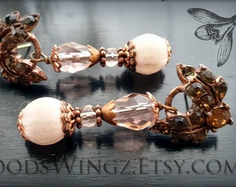 The Boudoir ~ tender pink handmade assemblage post earrings with dark chocolate brown rhinestones and rosaline crystal. Antique silk beads