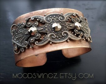 Three antique cut steel nailheads on brass component, copper cuff bracelet s/m ooak