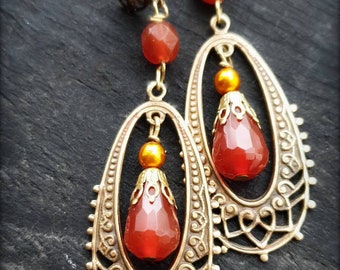 Arabesque Carnelian dangle drop earrings antique gold brass filigree posts burnt orange semi-precious stones