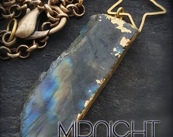 Night Sky II ~ Midnight Starlight ~ long brass gold celestial statement necklace with large blue flash Labradorite shard and star pendant