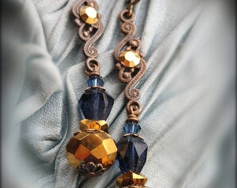 Shades of Midnight ~ Montana blue with antique gold and vintage brass long slender earrings in colors of the midnight sky