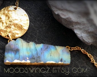 Moon over Blue Mountains ~ Midnight Starlight ~ short brass gold celestial statement necklace with large blue flash Labradorite shard, moon