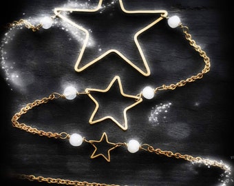 Midnight Starlight ~ delicate long layering necklace chain with stars and moonstones gold color non-allergy brass MoodsWingz Designs