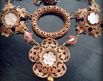 The Boudoir ~ vintage matte copper filigree flower necklace with soft pink rosaline vintage glass. Cinnamon and Pink Champagne