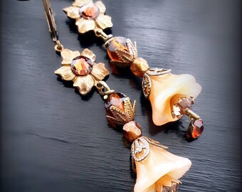 The Boudoir ~ Art Nouveau flower earrings in amber, Madeira topaz  and milky caramel, lever back handmade jewelry