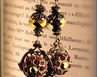 Medieval style velvet button dangle earrings with Swarovski crystal in dark burgundy whine or oxblood or maroon red velvet. Antique gold