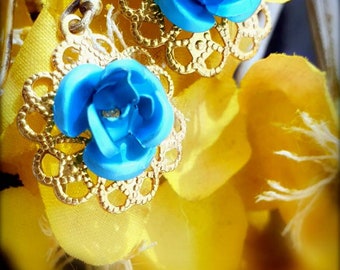 Little blue roses on a bed of gold filled lace  filigree with vermeil artisan earhooks. Springtime earrings