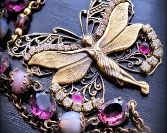 Madame Butterfly, vintage amethyst purple Czech glass stones, beads, antique gold rhinestones asymmetrical adjustable length fairy necklace