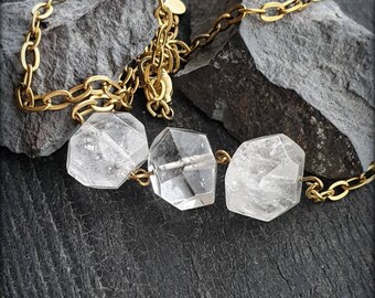 Ice cubes - short necklace crystal clear rock quartz on raw brass