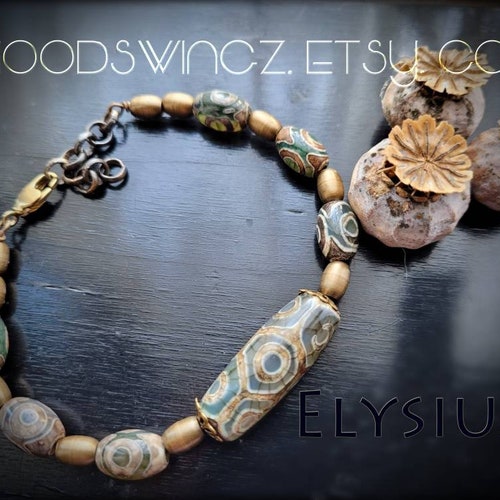 Elysium grey green dzi agate and bronze beaded tribal everyday orders stacking bracelet organic mineral stones vegan men gift man hero jewelry