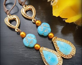 Blue sky, long dangle earrings in sky blue with gold. Teardrop, heart  flower earrings, made with vintage jewelry parts. Summertime jewelry