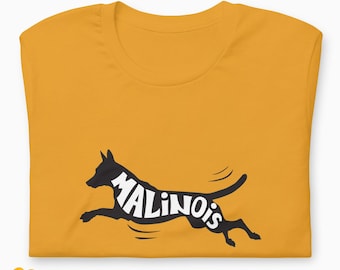 Camiseta de algodão Malinois Belga com arte gráfica para atividades ao ar livre, presente para treinador de cães pastor belga, camiseta para pai Malinois, arte Malinois
