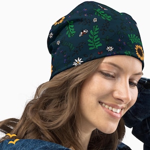 Forest printed soft beanie, floral headwear, beanies for women, handdrawn sunflowers, ladybirds and moths, graphic beanie, outdoor accessory
