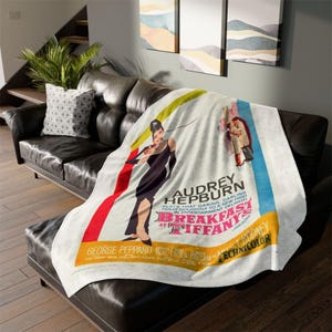 Vintage Breakfast at Tiffany&#39;s Movie Poster Soft Polyester Fleece Blanket, Audrey Hepburm Fan Classic Film Gift