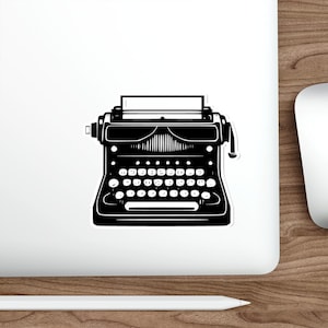 May include: Black and white illustration of a vintage typewriter with a blank paper roll. The typewriter has a classic design with a round carriage return lever and a row of keys.