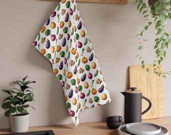 Pano de prato com estampa de frutas e vegetais: decoração ecológica para cozinha estilo fazenda