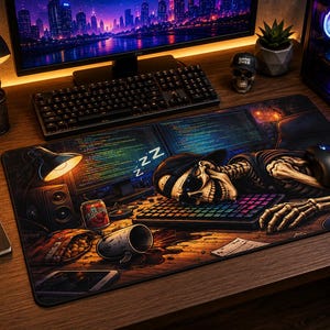 May include: A rectangular desk mat featuring a graphic illustration of a skeleton wearing a cap and sunglasses, resting its head on a computer keyboard with ZZZ symbols, surrounded by a soda can, a spilled mug, and a bag of snacks on a desk.