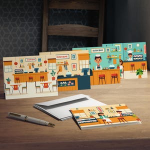 Charmante Sushi-Themen-Grußkarten, (5er-Pack) Multi-Design, innen leer für Dankesnotizen, Einladungen, saisonale Wünsche