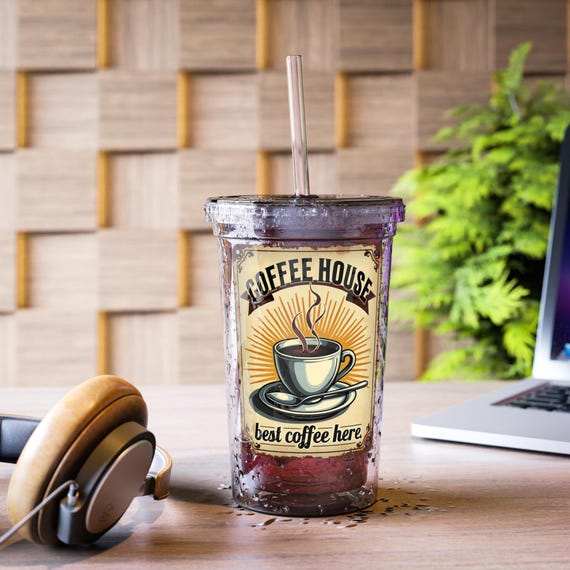 Vintage Style Acrylic Coffee Tumbler: Insulated Travel Mug with Straw