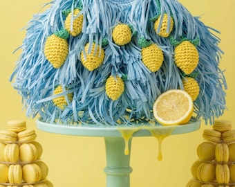 Blue Raffia Woven Bag with Yellow Lemons, Crochet Raffia Shoulder Bag, Eco Friendly Purse, Raffia Clutch and Tote, Summer Gift for Her