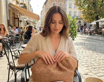 Bolso de mano de rafia, bolso de mano de rafia de crochet, bolso de mano de paja para la noche, bolso de playa bohemio de verano
