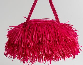 Bright Pink Raffia Fringe Hobo Bag, Handmade Beach Weekender Purse, Festival Evening Tote for Women