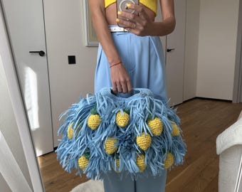 Raffia Woven Bag with Lemon, Eco Friendly Tote and Clutch, Crochet Shoulder Bag, Summer Knitting and Travel Handbag, Unique Woven Purse